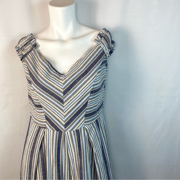 Sandro Ferrone Medium Dress Off The Shoulder Striped Linen Blend Made In Italy - Picture 2 of 15
